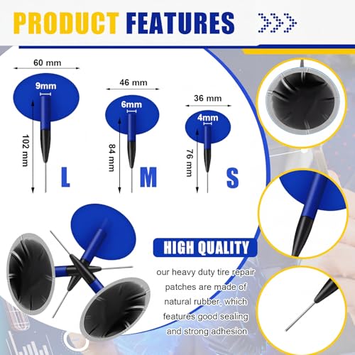 Tallew 74 Pcs Heavy Duty Tire Patches Kit Rubber Radial Tire Repair Patch Plug Kit Repair Emergency Tool for Puncture Car Truck Bus Tractor Vehicle Motorcycle 32mm, 42mm, 58mm, 65x80mm, 85x120 mm