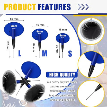 Tallew 74 Pcs Heavy Duty Tire Patches Kit Rubber Radial Tire Repair Patch Plug Kit Repair Emergency Tool for Puncture Car Truck Bus Tractor Vehicle Motorcycle 32mm, 42mm, 58mm, 65x80mm, 85x120 mm