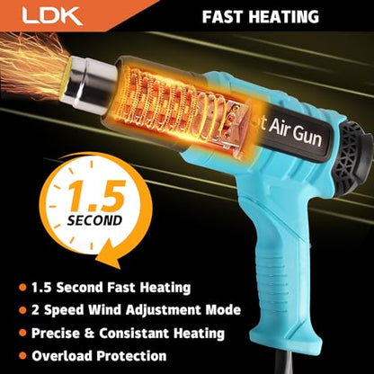 LDK Heat Gun, 140°F~1100°F Variable Temperature Control Heating Gun, 1.5s Fast Heating Heavy Duty Hot Air Gun Kit with 4 Nozzles for Crafting Shrink Tubing Vinyl Wrap - color: Blue 2000w