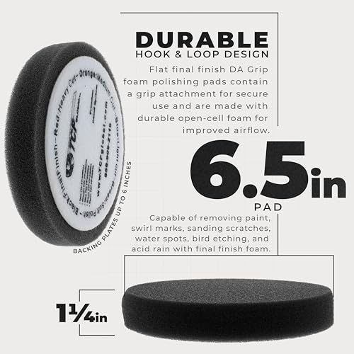 TCP Global 6.5" Black Final Finishing DA Grip Soft Foam Polish Pad - Hook & Loop Buffer Pads - Car Buffing Pads for Paint Correction, Detailing