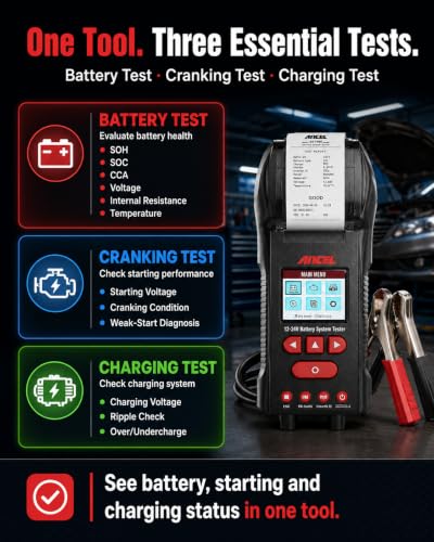 ANCEL BST600 12V 24V Battery Tester with Printer, 100-2000 CCA Lead-Acid Battery Load Tester, Automotive Starter Alternator Cranking Charging System Analyzer for Cars Trucks RV Marine Motorcycles - style: BST600