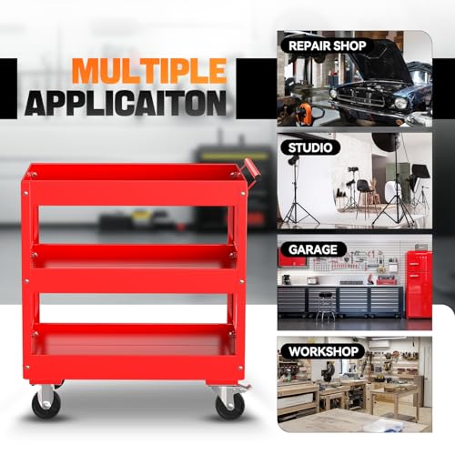 Auto Dynasty 3-Tier Rolling Service Cart 330 lbs Capacity Tool Cart on Wheels Heavy Duty Utility Cart for Warehouse, Garage and Mechanic Work, Red - size: 330lbs
