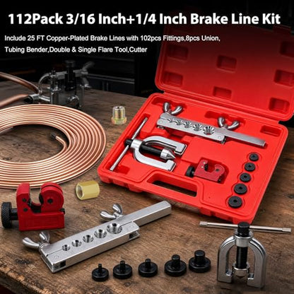smseace 3/16 Inch+1/4 Inch Brake Line Flaring Tool Kit Include 25 FT Copper-Plated Brake Line Kit with 94pcs Fittings,8pcs Union,Tubing Bender,Double & Single Flare Tool,Cutter - color: Gold-B, size: 3/16inch+1/4inch