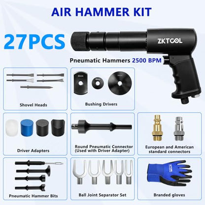 ZKTOOL 27PCS Air Hammer Kit - Functional Powerful Pneumatic Hammer Piece Chisel Set, 2500BPM Quick Change Retainer Air Hammer with Shovel Heads and Ball Joint Separator Set - Carrying Case & Gloves