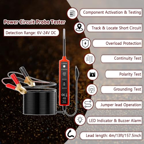 Power Circuit Probe Tester, 6V-24V DC Test Light, Automotive Circuit Tester & Short Circuit Finder, Component Activation, Polarity Test, Continuity Check, LED Indicator and Overload Protection