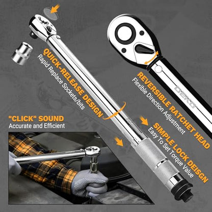 DEKOPRO Torque Wrench 1/2 Inch Drive Click, 10-170 Ft-Lb/13.5-229 Nm Car Torque Wrench, ±3% High Precision, 72 Tooth Torque Wrenches with Dual-Direction Adjustable for Bicycle, Car, Moto - size: 1/2 Inch (10-170 ft.-lb.)