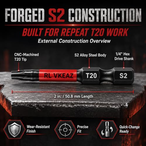 50-Pack T20 Torx Bit, RLVKEAZ 2-Inch Magnetic T20 Bits for Impact Driver | S2 Alloy Steel T20 Star Bits for Drill, CNC-Machined Tips, 1/4-Inch Hex Shank for DIY Woodworking and Furniture Assembly - style: T-20 50-piece supply of 2-inch magnetic T20 Torx b