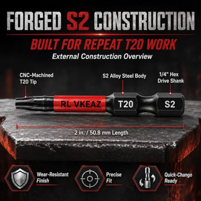 50-Pack T20 Torx Bit, RLVKEAZ 2-Inch Magnetic T20 Bits for Impact Driver | S2 Alloy Steel T20 Star Bits for Drill, CNC-Machined Tips, 1/4-Inch Hex Shank for DIY Woodworking and Furniture Assembly - style: T-20 50-piece supply of 2-inch magnetic T20 Torx b