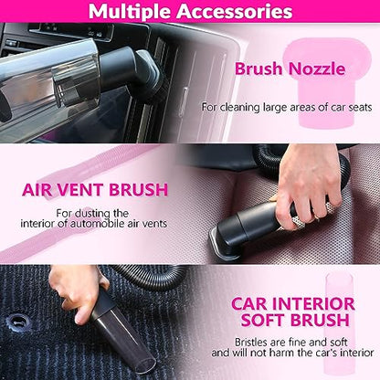 ThinkLearn Car Cleaning Kit, Car Corded Vacuum Detailing Kit Interior with High Power Handheld Vacuum, Including 7Pcs Detailing Brush Set, Windshield Cleaner, Pink Car Accessories for Women