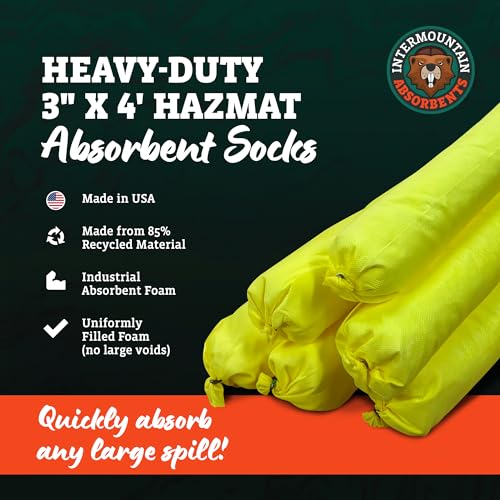Hazmat Universal Absorbent Socks- 3"x4' (6 Pack) 1 Gallon per Sock- Yellow Oil Absorbent, Water Socks, Flood Barriers for Home, Garage Flood Barrier Spill Containment - size: 3"x4' (6 Pack)