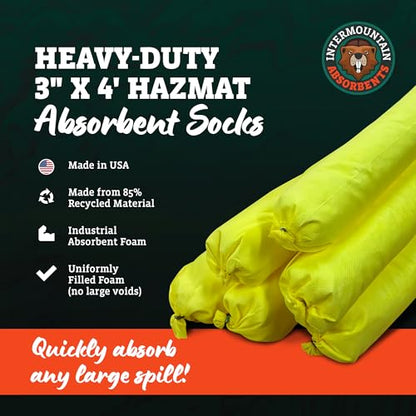 Hazmat Universal Absorbent Socks- 3"x4' (6 Pack) 1 Gallon per Sock- Yellow Oil Absorbent, Water Socks, Flood Barriers for Home, Garage Flood Barrier Spill Containment - size: 3"x4' (6 Pack)