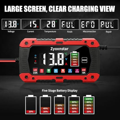 15A Battery Charger, 12V/24V LiFePO4 & Lead Acid Car Battery Charger, Fully Automatic Battery Maintainer w/Overcharge Protection Pulse Repair for AGM, STD, Gel, Deep Cycle Batteries