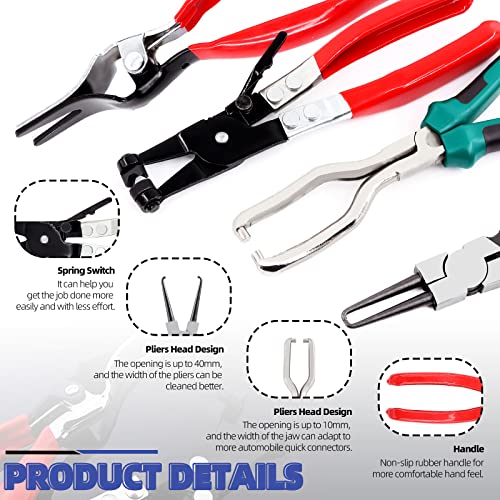 Glarks 4Pcs Fuel Line Pliers Kit Includs 9 Inch Fuel Filter Calipers and Hose Pipe Clamp Clip with Hose Remover Pliers and Flat Band Hose Clamp Pliers for Auto Maintenance