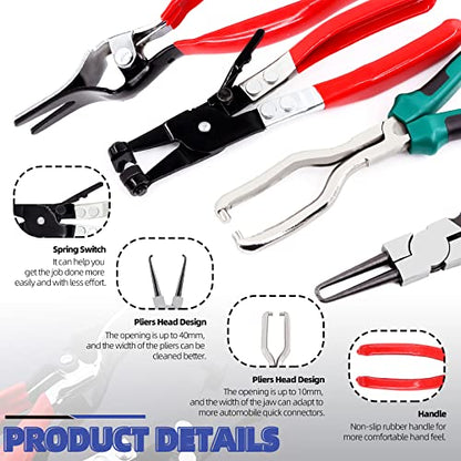 Glarks 4Pcs Fuel Line Pliers Kit Includs 9 Inch Fuel Filter Calipers and Hose Pipe Clamp Clip with Hose Remover Pliers and Flat Band Hose Clamp Pliers for Auto Maintenance