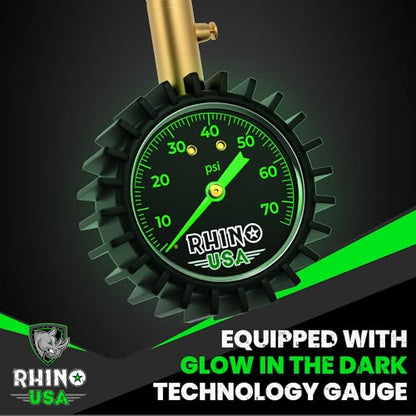 Rhino USA Heavy Duty Tire Pressure Gauge - ANSI Certified Glow Dial | ANSI B40.1 certified accurate, large 2in glow dial, 360° swivel head, solid brass hardware for car & truck tires. - size: 75 PSI Compact