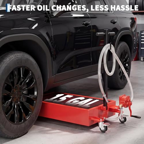 Garvee 15 Gal Oil Drain Pan with Pump, Low Profile Rolling Oil Drain Cart with 8 ft Hose, Foldable T-Handle & Lockable Swivel Casters, Leak-Proof & Heavy Duty for Cars, SUVs, Trucks - color: Red, size: 15 Gal + Manual
