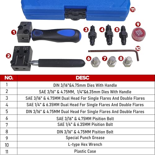 11PCS Brake Line Flaring Tool Kit, 3/16" and 1/4" SAE & 3/16" DIN Double & Single Flaring Tool for Vehicle Brake Hydraulic Lines