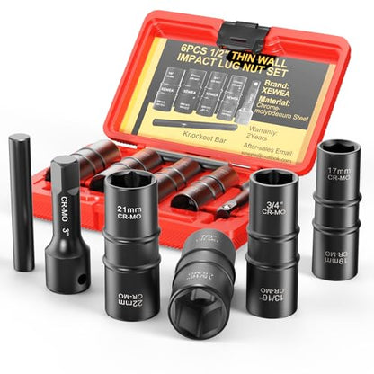 6PCS Thin Wall Lug Nut Impact Socket Set, XEWEA 1/2" Drive Impact Flip Socket Set, 8 in 1 Dual End Wheel Tire Nut Sockets Metric 17 19 21 22 mm & SAE 3/4" 13/16" 7/8" 15/16", Impact CR-MO Tool - size: 4+2 Set