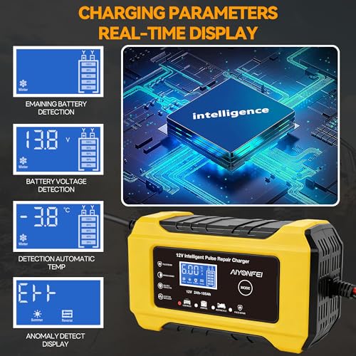 6A 12V Car Battery Charger Maintainer Trickle Charger, Yellow | Smart Battery Desulfator, Temperature Compensation, for Car Truck Motorcycle, Lawn Mower Marine - color: Yellow