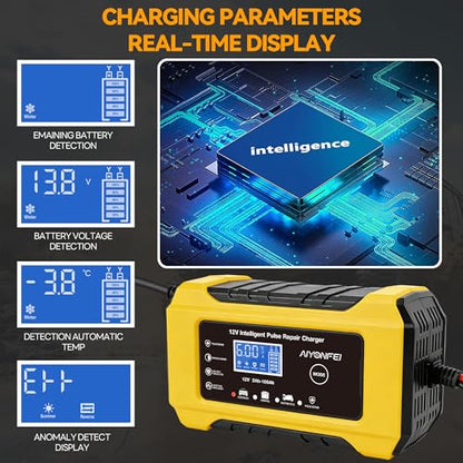 6A 12V Car Battery Charger Maintainer Trickle Charger, Yellow | Smart Battery Desulfator, Temperature Compensation, for Car Truck Motorcycle, Lawn Mower Marine - color: Yellow