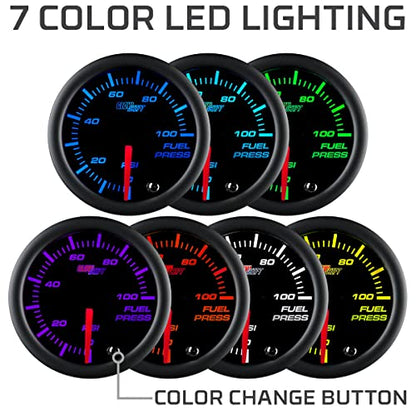 GlowShift Tinted 7 Color 100 PSI Fuel Pressure Gauge Kit, 2-1/16" 52mm | Includes 1/8-27 NPT Electronic Sensor & Wiring, Multi-Color Analog Display, Black Dial, Smoked Lens, For Car & Truck
