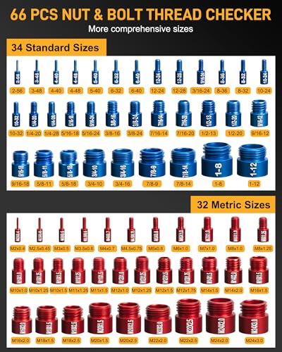 66-Piece Nut and Bolt Thread Checker Kit | 34 SAE (Blue) + 32 Metric (Red) Thread Gauges - Precision Bolt Size Finder for Tight Spaces, DIY & Professional Repairs