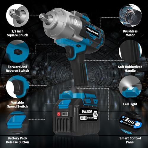 2000Nm Cordless Impact Gun, 1/2" 1500Ft-lbs Heavy Duty Impact Wrench with 2 x 6.0Ah Battery & 5 Sockets, 21V Brushless High Torque Electric Pistola Llave de Impacto for Car/Truck RV/Mower