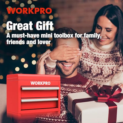 WORKPRO Mini Metal Tool Box with 2 Drawers and Top Storage, Small Tool Chest with PVC Liners and PP Feet Pads, Cold Rolled Steel Toolbox with Magnetic Tab