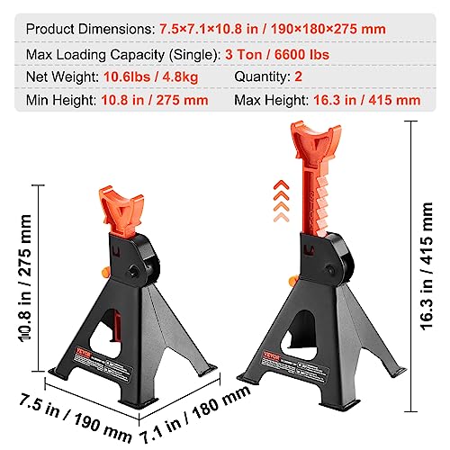 VEVOR Jack Stands, 3 Ton (6,000 lbs) Capacity Car Jack Stands, 10.8-16.3 inch Adjustable Height, for lifting SUV, Pickup Truck, Car and UTV/ATV, Red, 1 Pair | 10.8-16.3 inch Adjustable Height, for Lifting SUV, Pickup Truck, Car and UTV/ATV, Red - style: 3