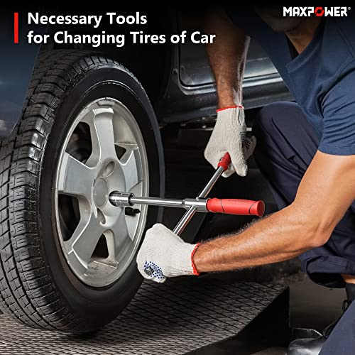 MAXPOWER Lug Wrench, Tire Wrench With 1/2-Inch Drive and 2PCS Standard Sockets (17 mm/19 mm, 21 mm/23 mm), Detachable Rapid Cross Lug Nut Wrench With Storage Box