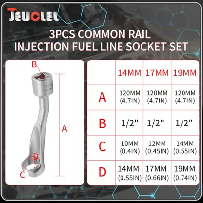 3PCS 1/2" Dr. 12 Point Common Rail Injection Fuel Line Socket Set | 14mm 17mm 19mm, Open Socket Wrench Kit, Diesel Engine Temperature Removal Tool, Exhaust Gas Temp Sensor Extractor - size: 3PCS 14 & 17 & 19MM