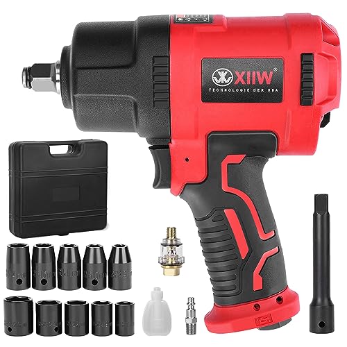 XIIW 1/2 Inch Air Impact Wrench, Max Torque 1560 ft-lbs, Lightweight 4.4 lb | Includes 11 Pcs CR-V Steel Impact Socket Set and Storage Case, 8000RPM 1/2 Air Impact Gun Twin Hammer for Automobile Repair - size: 1/2 inch | 1560 ft-lbs 15 PCS Wrench + Socket