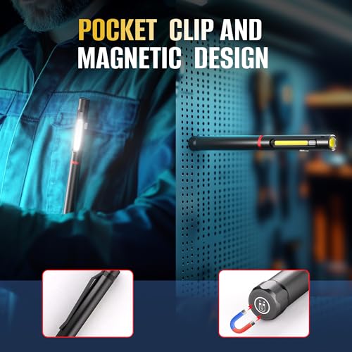 Pen Light Flashlight, 800 Lumens LED Pen Flashlights Rechargeable 6 Modes COB Magnetic Flashlight with Clip Bright Pocket Flashlights Work Light Portable Waterproof Durable Penlight (1, 7.08in) - size: 7.08in