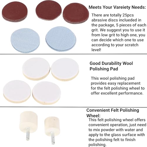 Windshield Scratch Remover Kit Glass Polishing Kit with Abrasive Discs and Felt Pads for Car Windscreen Rear Side Window Scratch Repair