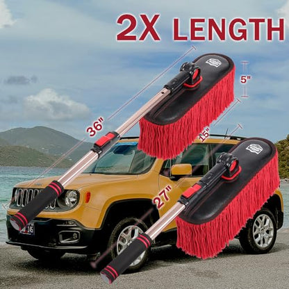 Car Duster Exterior, Wax Cotton, 3 Pcs, Red | Extendable handle auto wash brush mop. Scratch-free interior detailing kit for truck, RV & boat. - color: Red