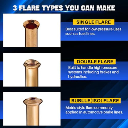 DASBET Brake Line Flaring Tool Kit for 45 Degree Single | Double and Bubble Flares, Brake Flare Tool for 3/16", 1/4", 5/16", 3/8" Copper Metal Tubing, Brake Line Tubing Flaring Tool