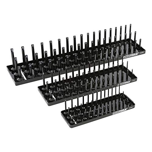OEMTOOLS 22338 3-Post Metric Socket Tray Set, 3 Piece, Deep, Shallow, and Impact 3 Row Socket Organizer for Tool Box Drawer, Holds 141 Tools, 1/4, 3/8, and 1/2 Inch Drive, Metric, Black - size: 3 Piece Metric