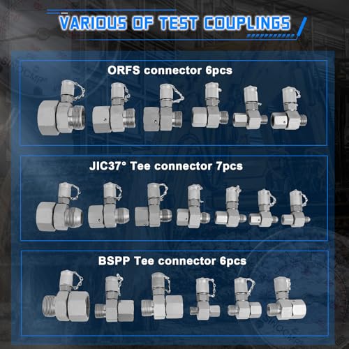 Hydraulic Pressure 3 Gauges(25/40/60MPa) Test Kit with 4 Test Hoses & 14 Straight Connectors & 19 Tee Connectors for Construction Machinery Excavator(Black) - size: Black 3 Gauges 14 Connectors 19 Tee Connectors