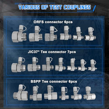 Hydraulic Pressure 3 Gauges(25/40/60MPa) Test Kit with 4 Test Hoses & 14 Straight Connectors & 19 Tee Connectors for Construction Machinery Excavator(Black) - size: Black 3 Gauges 14 Connectors 19 Tee Connectors