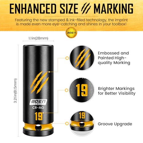 BOEN 7-Piece 1/2" Drive Impact Socket Set, Deep Metric Lug Nut Socket Set (17, 18, 19, 21, 22, 23, 24 mm), CR-MO Steel, Deep Embossed and Painted Marking, 6-Point Design