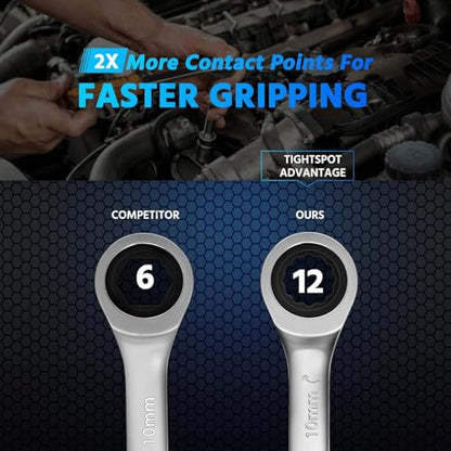 DISEN 10Pcs Ratcheting Wrench Set SAE & Metric Ratchet Wrench Set with Rack Organizer, Premium CR-v Steel, 12 Point, 72 Teeth,Box End and Open End Ratcheting Wrench Set,Metric 10-15mm&SAE 3/8''-5/8'' - size: 10pcs metric & sae set