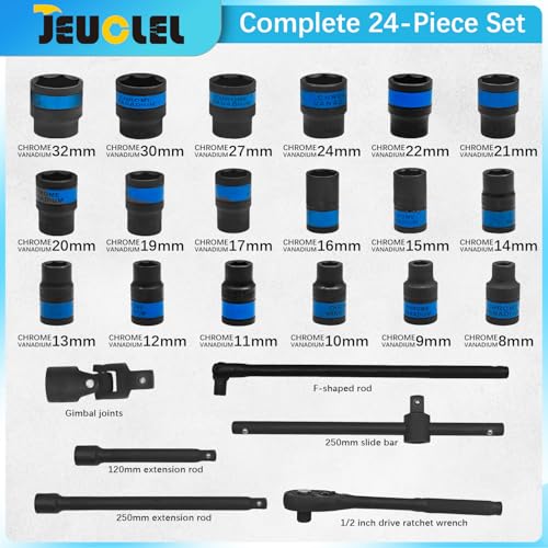 24 Pcs Metric 1/2 Inch Drive 6-Point Standard 8-32mm Socket Ratchet Wrench Set, Short & Long Air Pneumatic Sockets Spanner for Automotive Repairs Machinery Maintenance Household Maintenance