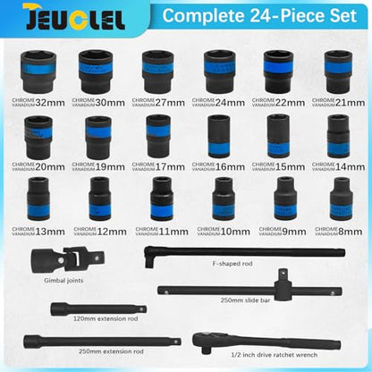 24 Pcs Metric 1/2 Inch Drive 6-Point Standard 8-32mm Socket Ratchet Wrench Set, Short & Long Air Pneumatic Sockets Spanner for Automotive Repairs Machinery Maintenance Household Maintenance