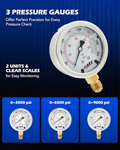 OMT Hydraulic Pressure Test Kit with 3 Gauges Up to 9000 PSI, 3 Hoses | Stainless Steel Dials; Glycerin Shockproof Display; Excavator Diagnostics; Heavy Equipment Repair; 8 Versatile Fittings - size: 3500 5500 9000 Psi