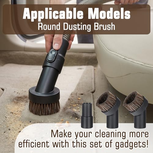 Horse Hair Brush Vacuum Attachment Set 3PCS, Round Dusting Brush for 1.25 Inch Hose, Soft Bristle Vacuum Attachments for Carpet Upholstery Cleaning, Canister Stick Vacuums Accessories