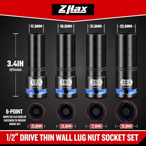 1/2" Drive Thin Wall Lug Nut Socket Set, 4 PCS Half Size Metric Impact Wheel Socket,17.5mm, 19.5mm, 21.5mm, and 22.5mm, Cr-Mo Steel For Damaged, Swollen and Stuck Lug Nuts