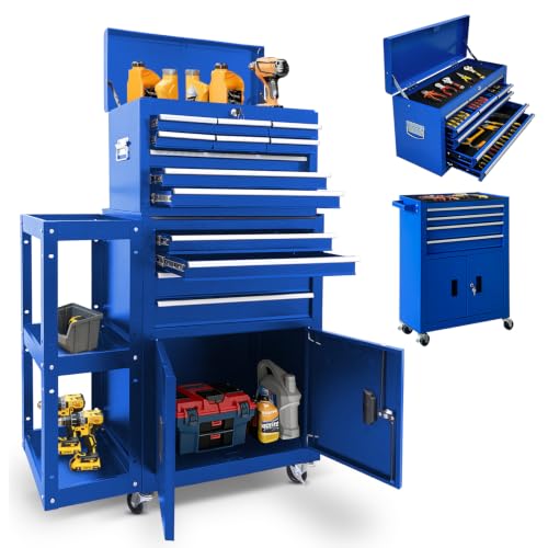 13-Drawer Rolling Tool Chest with Side Shelf, 2-in-3 Detachable Tool Cabinet, Heavy-Duty Metal Tool Box with Lock, Wheels & Open Storage, Large Rolling Tool Organizer for Garage Workshop-Blue - color: With Side Storage Blue
