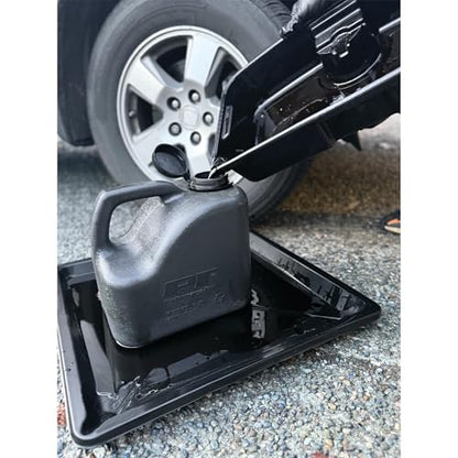 Performance Tool W4062 22 Inch by 22 Inch Plastic Drip Pan - Chemical-Resistant Polypropylene for Garage, Bath, Plumbing, Emergencies, Vehicle Repairs, Oil Change, Pour Spout, Catch Leaks - Black