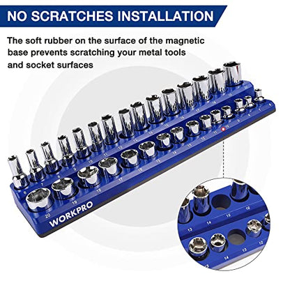 WORKPRO Magnetic Socket Organizer Set, 6-Piece Socket Holder Set Includes 1/4", 3/8", 1/2" Drive Metric SAE Socket Trays, Holds 143 Pieces Sockets, Christmas Gift for Men(Socket not Included) | 1/4", 3/8", 1/2" DR Socket Trays, Holds 143-Piece Sockets, Su