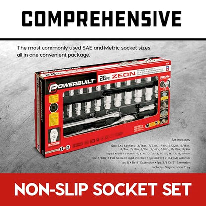 Powerbuilt 28-Piece Zeon Socket Set, SAE & Metric Rounded Fastener Grip Sockets with XT90 90-Tooth Ratchet, Extensions & Storage Tray - 941763 - size: Metric and SAE